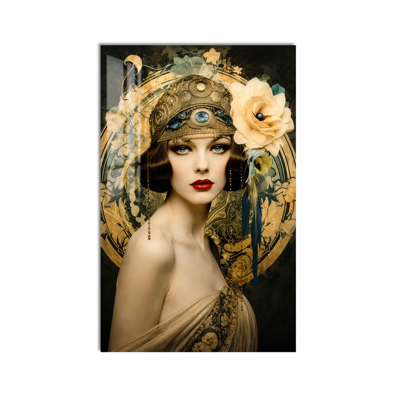 Art Deco Çiçek Taçlı Kadın Cam Tablo – Cam Tablo