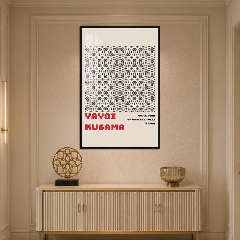 Gri Geometrik Çiçek Deseni Cam Tablo – Siyah Çerçeveli Cam Tablo