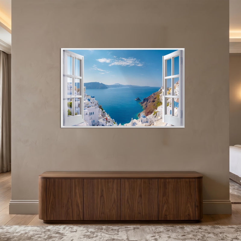 Santorini Mavi Kubbeler Cam Tablo – Beyaz Çerçeveli Cam Tablo