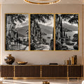 Siyah Beyaz İtalyan Kıyı Manzarası Üçlü Cam Tablo – Altın Çerçeveli