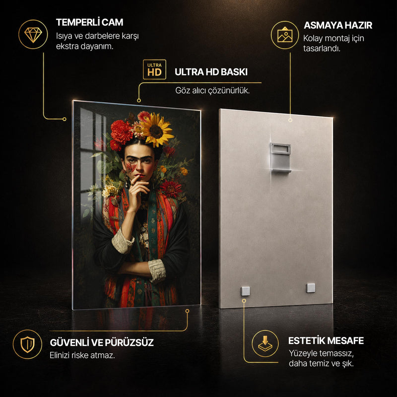 Ayçiçekleriyle Frida Kahlo Portresi Cam Tablo – Cam Tablo