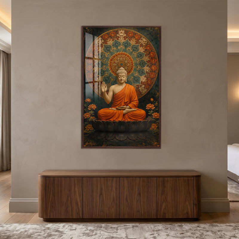 Lotus Mandalalı Buda Cam Tablo – Ceviz Çerçeveli Cam Tablo