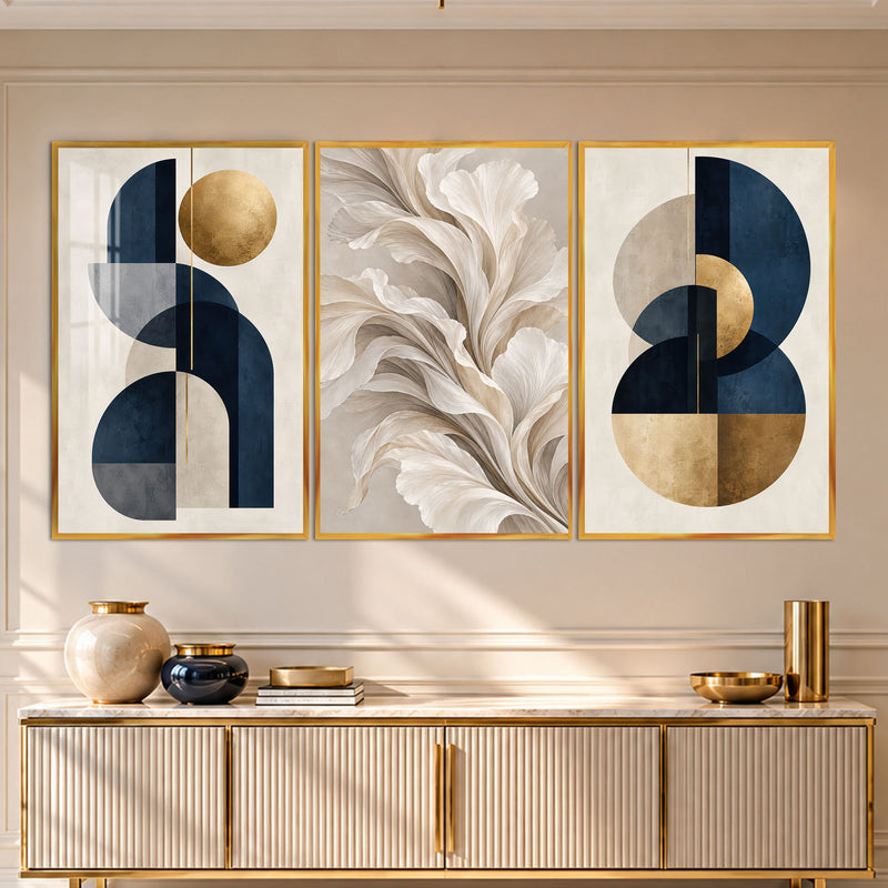 Lacivert Altın Mid-Century Tüy Üçlü Cam Tablo – Altın Çerçeveli