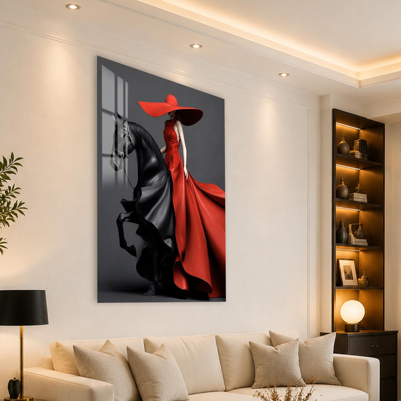 Kırmızı Elbiseli Kadın ve Siyah At Cam Tablo – Cam Tablo