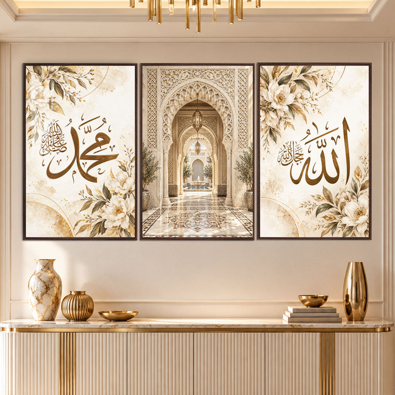Allah Muhammed Çiçekli Hat Üçlü Cam Tablo – Ceviz Çerçeveli