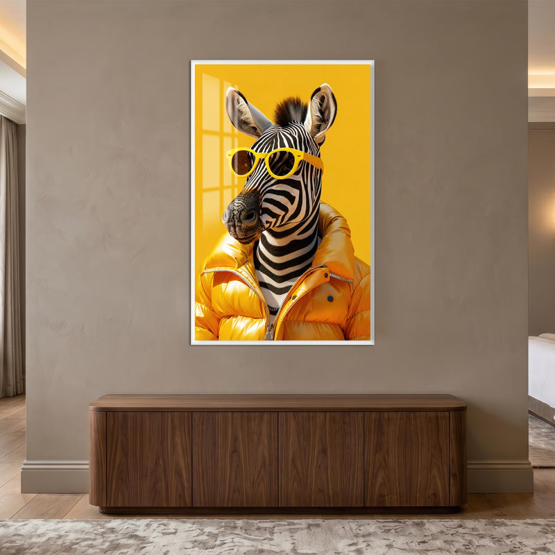 Sarı Montlu Zebra Cam Tablo – Beyaz Çerçeveli Cam Tablo