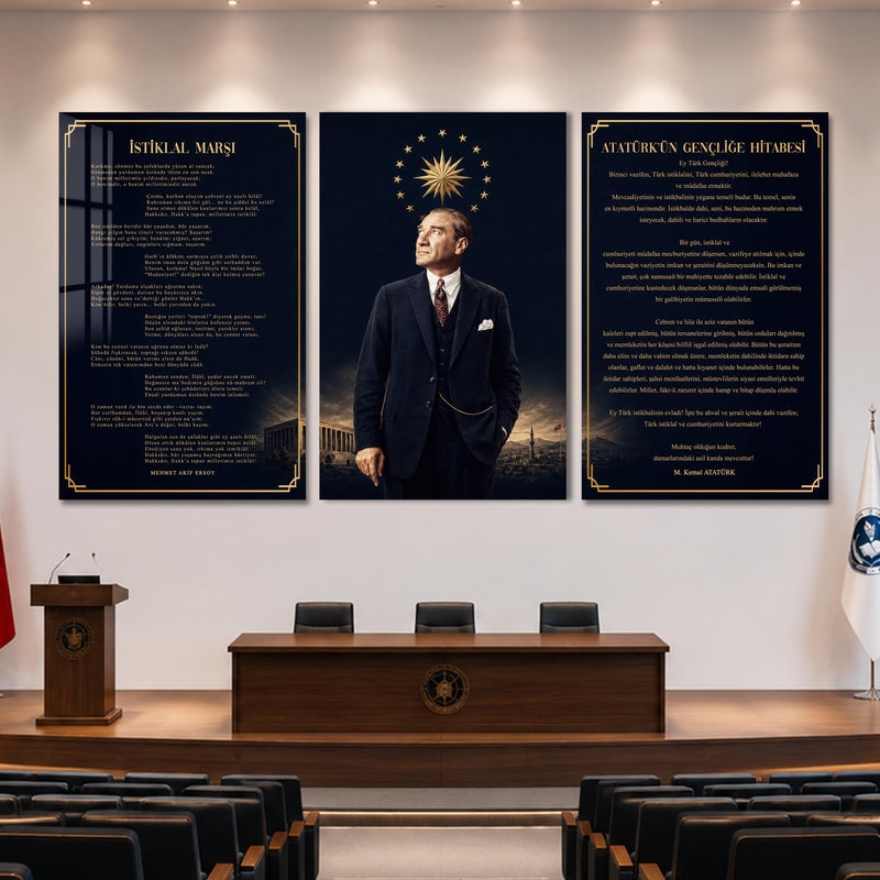 Atatürk Köşesi Üçlü Cam Tablo Seti — Yıldız Hâleli Lacivert