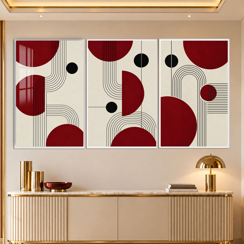 Kırmızı Siyah Mid-Century Daire Üçlü Cam Tablo – Beyaz Çerçeveli