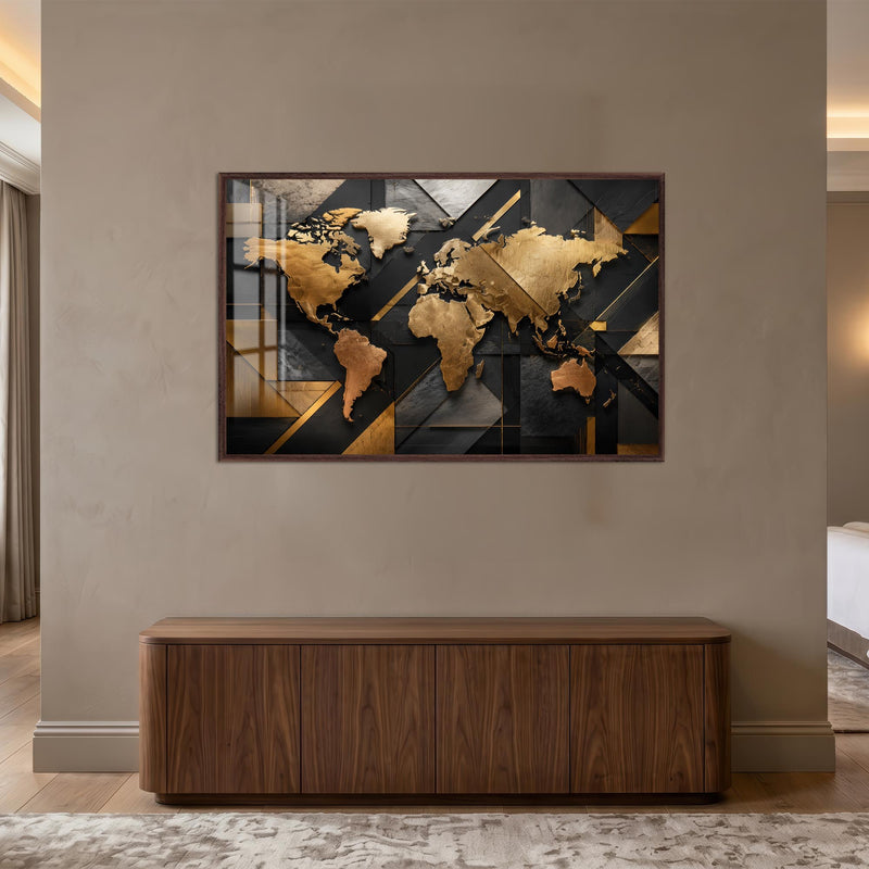 Altın Geometrik Art Deco Dünya Haritası Cam Tablo – Ceviz Çerçeveli