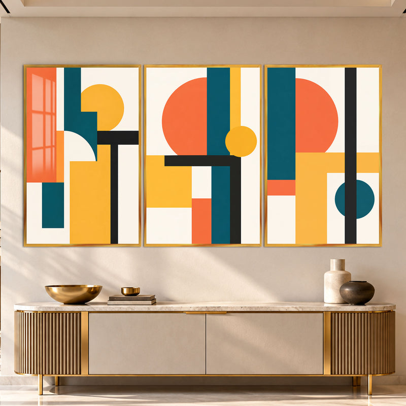 Turuncu Yeşil Sarı Geometrik Bauhaus Üçlü Cam Tablo – Altın Çerçeveli