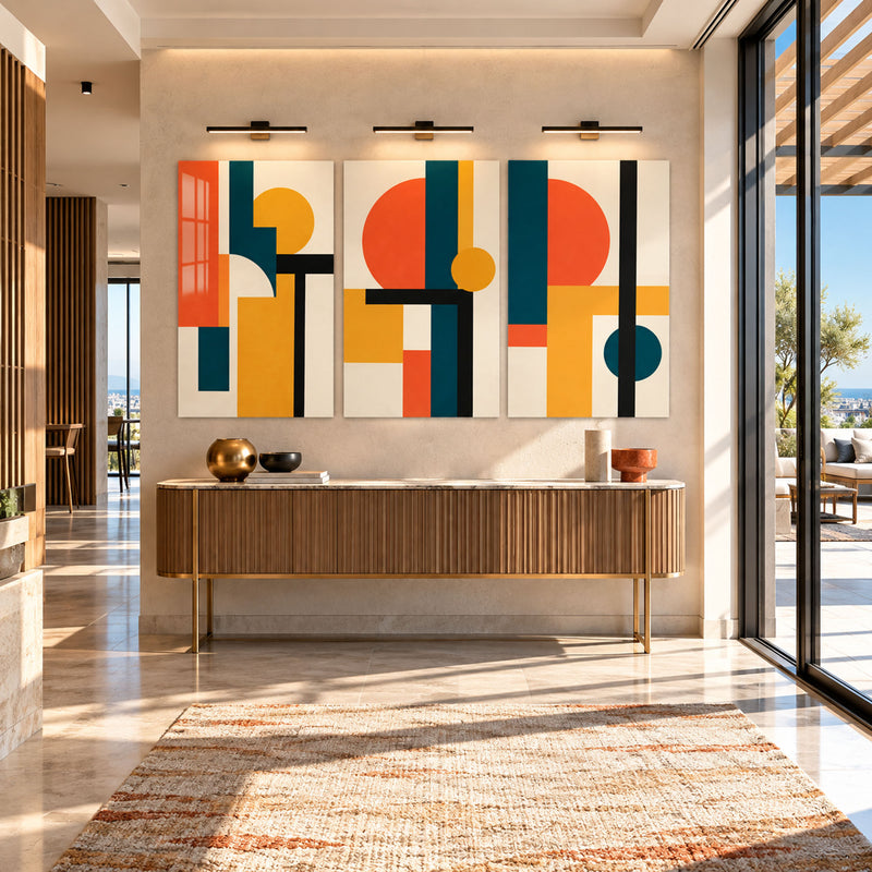 Turuncu Yeşil Sarı Geometrik Bauhaus Üçlü Cam Tablo