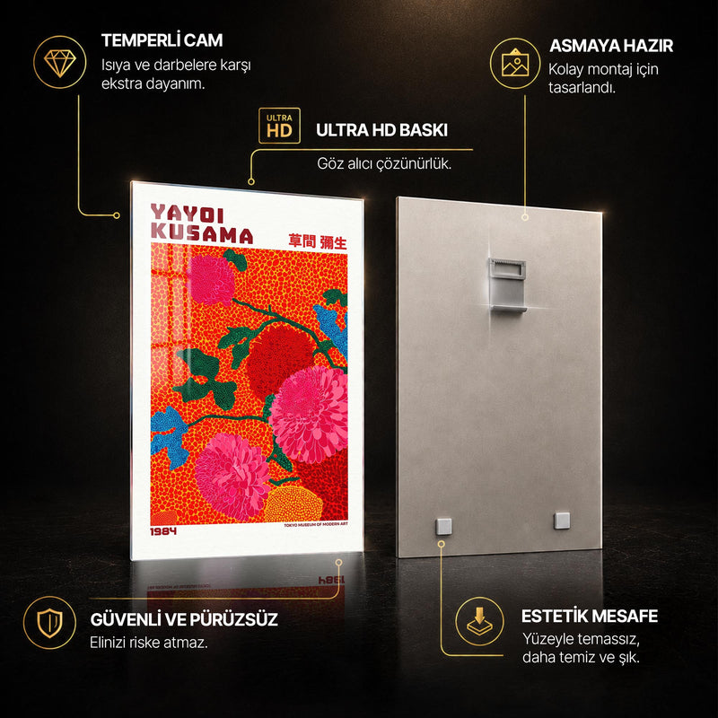 Turuncu Zeminde Pembe Çiçekler Cam Tablo – Cam Tablo