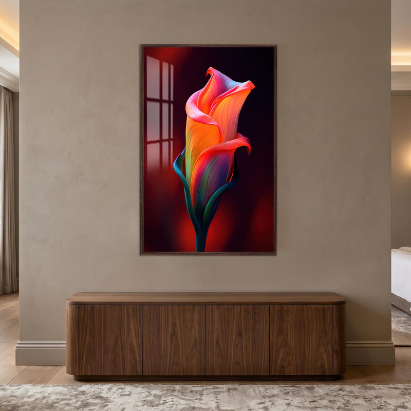Neon Pembe Gelin Çiçeği Cam Tablo – Ceviz Çerçeveli Cam Tablo