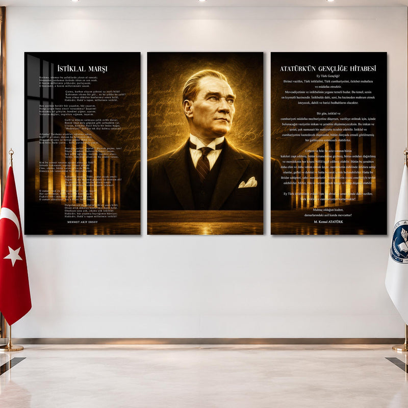 Atatürk Köşesi Üçlü Cam Tablo Seti — Vintage El Yazılı Sepya