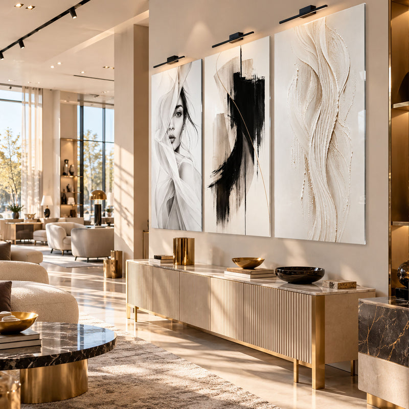 Siyah Beyaz Modern Sanat Üçlü Cam Tablo