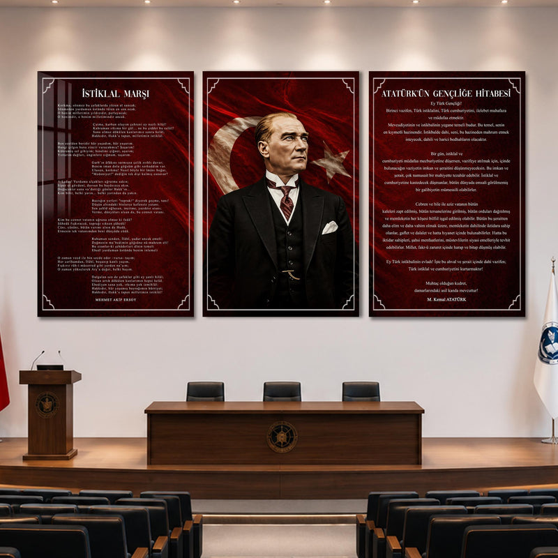 Atatürk Köşesi Üçlü Cam Tablo Seti — Kızıl Bayraklı