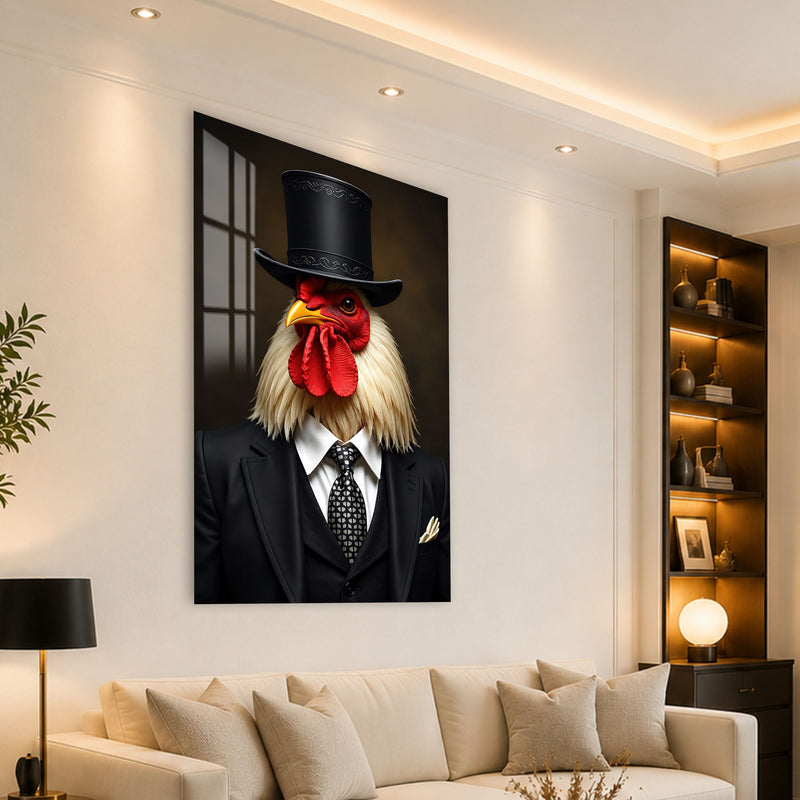 Şapkalı Takım Elbiseli Horoz Cam Tablo – Cam Tablo
