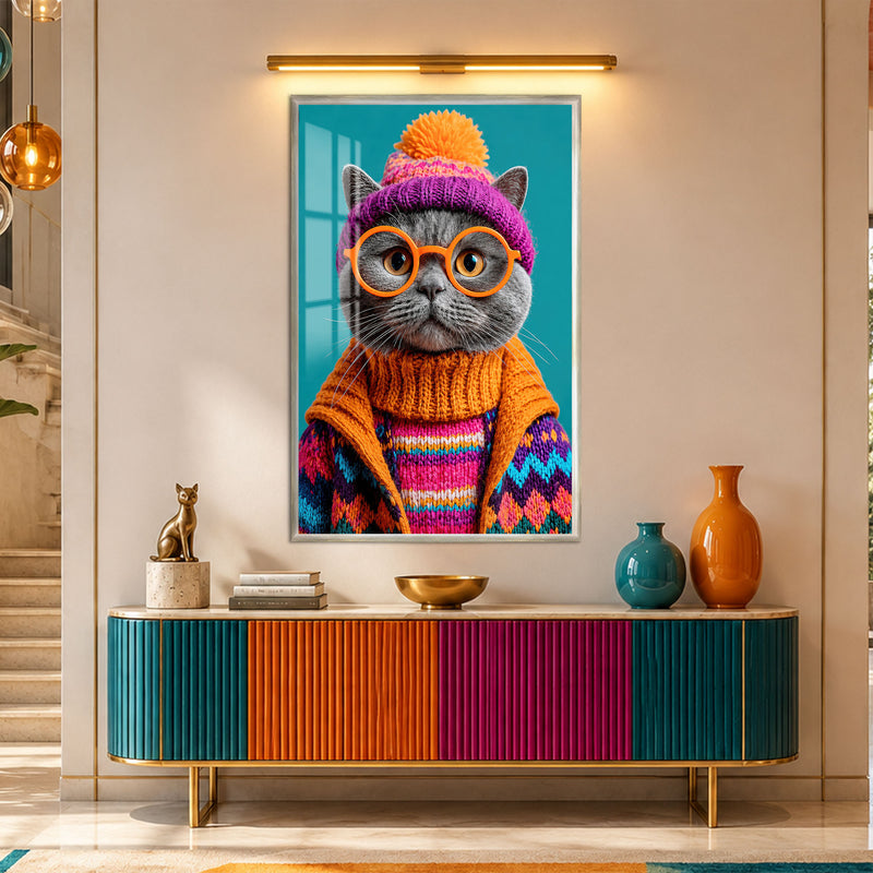 Bere Takan Gri Kedi Cam Tablo – Gümüş Çerçeveli Cam Tablo