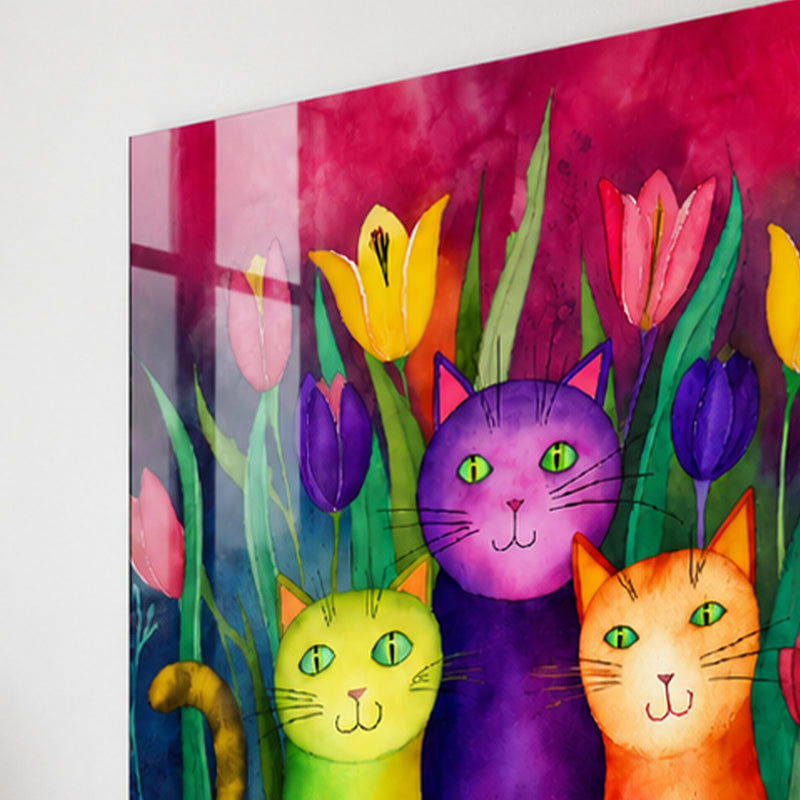 Laleli Üç Kedi Cam Tablo – Cam Tablo