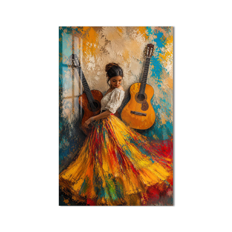 Gitarların Renkli Dansı Cam Tablo – Siyah Çerçeveli Cam Tablo