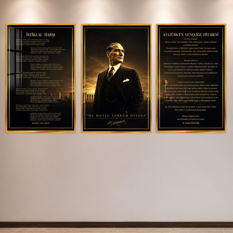 Atatürk Köşesi Üçlü Cam Tablo Seti — Altın Saatte Ankara – Altın Çerçeveli