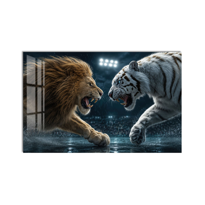 Aslan ve Kaplan Karşı Karşıya Cam Tablo – Cam Tablo
