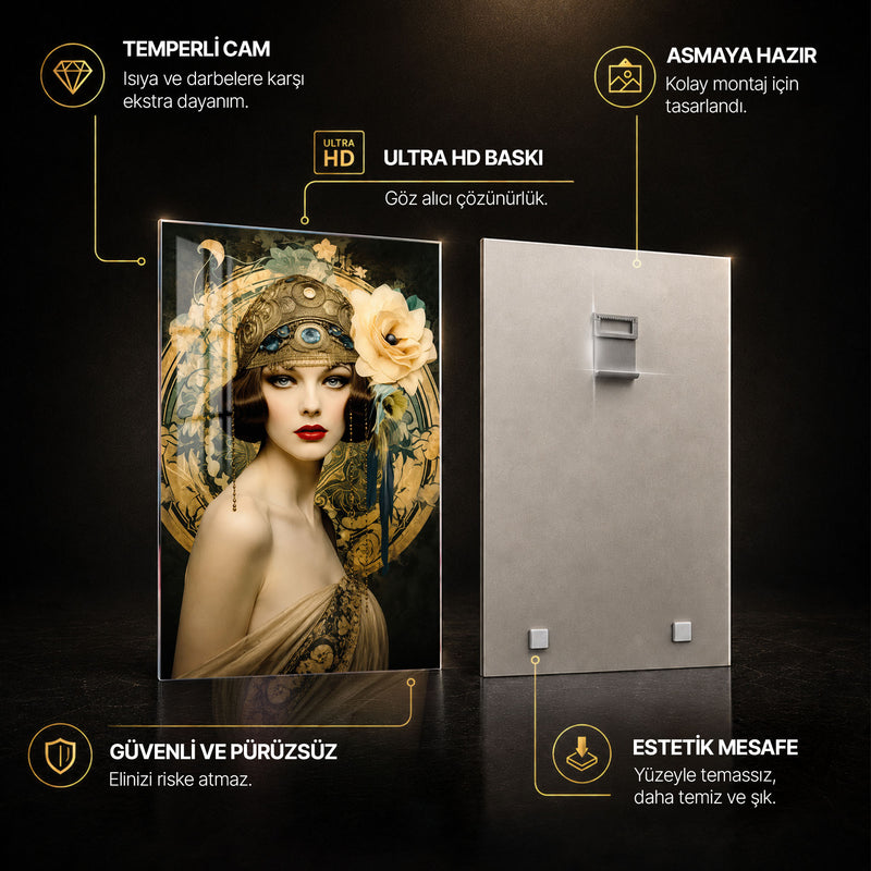 Art Deco Çiçek Taçlı Kadın Cam Tablo – Cam Tablo