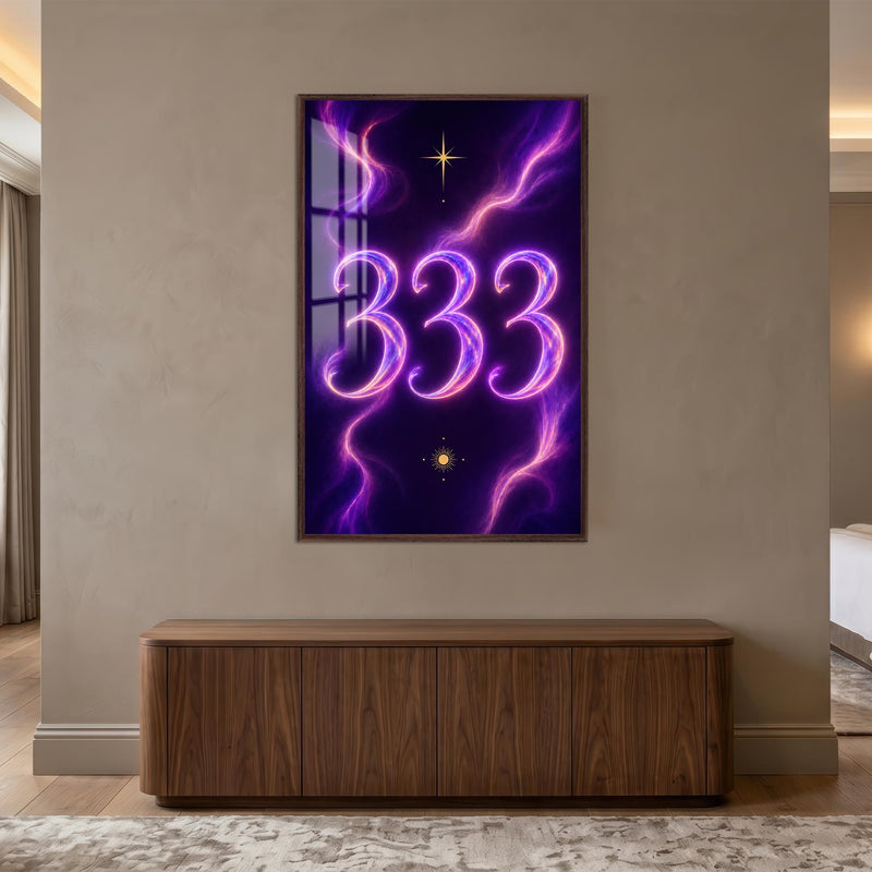 Mor Neon 333 Geçidi Cam Tablo – Ceviz Çerçeveli Cam Tablo