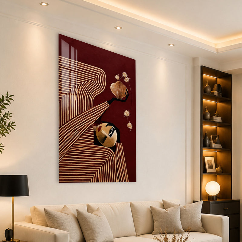 Bordo Zeminde Çizgisel Portre Cam Tablo – Cam Tablo