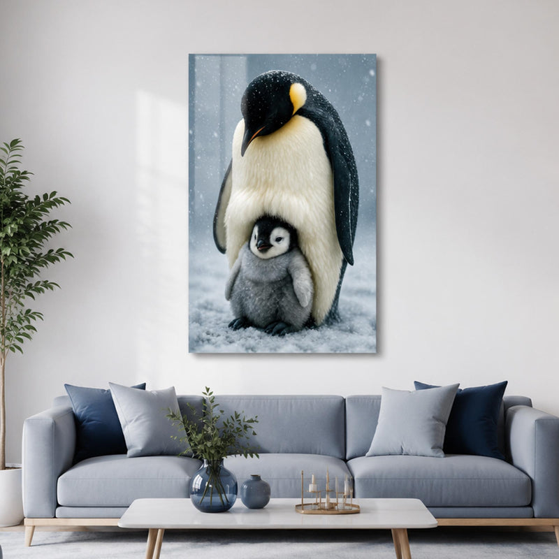 Yavrusunu Koruyan Penguen Cam Tablo – Cam Tablo