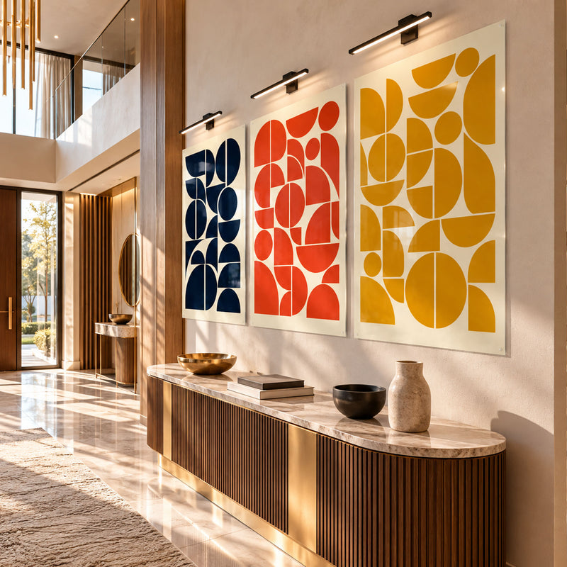 Lacivert Kırmızı Sarı Bauhaus Üçlü Cam Tablo