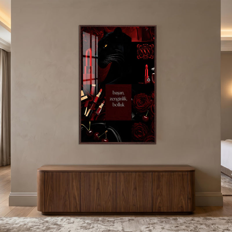 Bordo Panter Bolluk Kolajı Cam Tablo – Ceviz Çerçeveli Cam Tablo