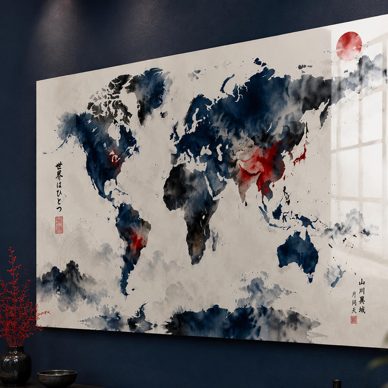 Japon Sumi-e Dünya Haritası Cam Tablo