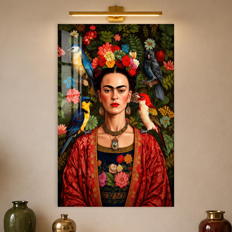 Kuşlar ve Çiçeklerle Frida Kahlo Cam Tablo – Cam Tablo