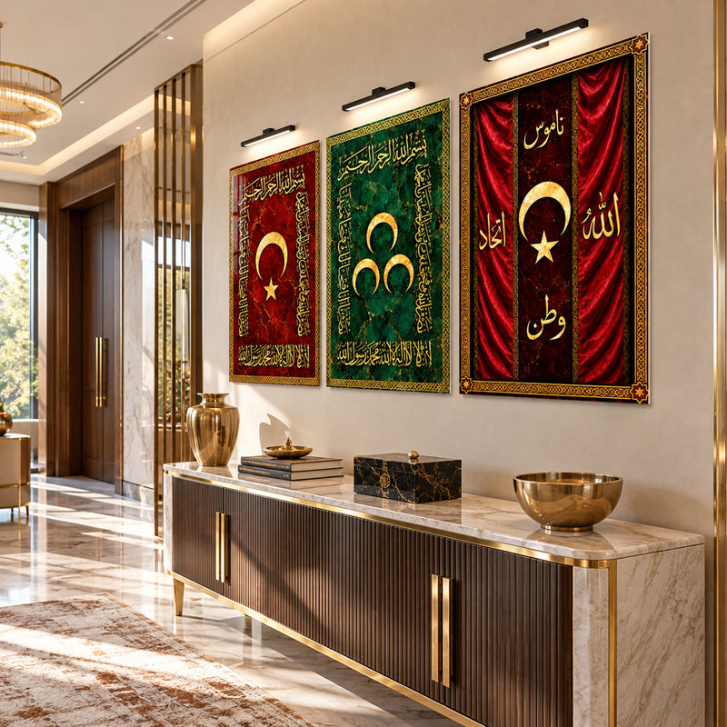 Hilal Yıldızlı Hat Bayrakları Üçlü Cam Tablo