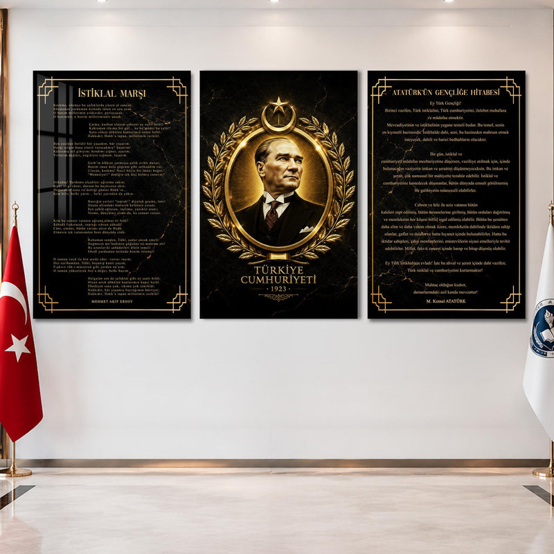 Atatürk Köşesi Üçlü Cam Tablo Seti — Cumhuriyet 1923 Altın Amblem