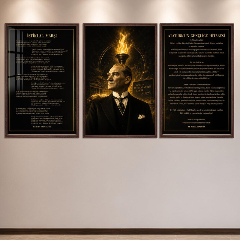 Atatürk Köşesi Üçlü Cam Tablo Seti — İlim Meşaleli – Ceviz Çerçeveli