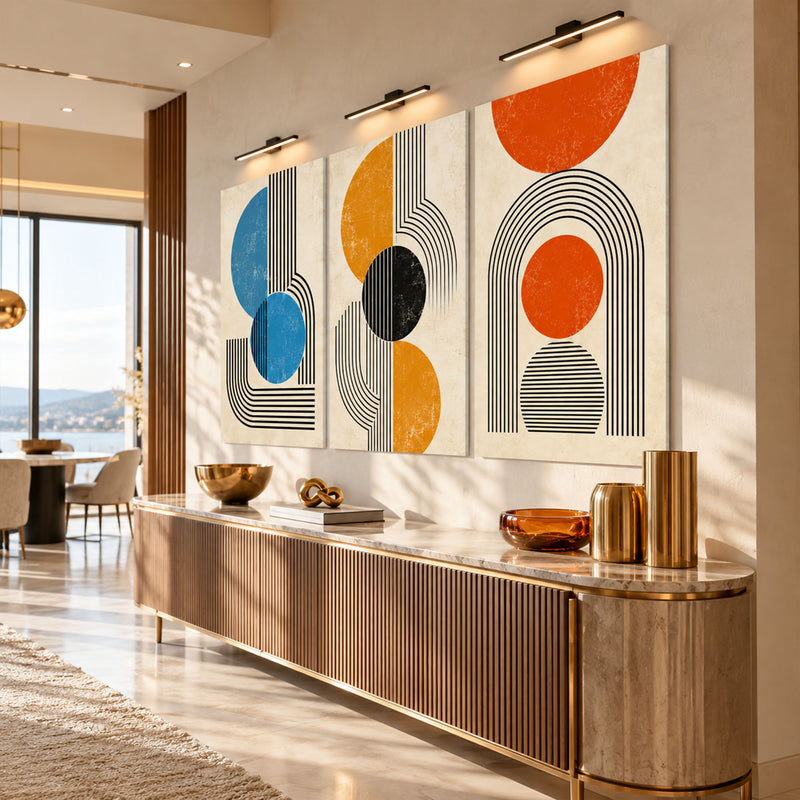 Mavi Turuncu Sarı Mid-Century Daire Üçlü Cam Tablo