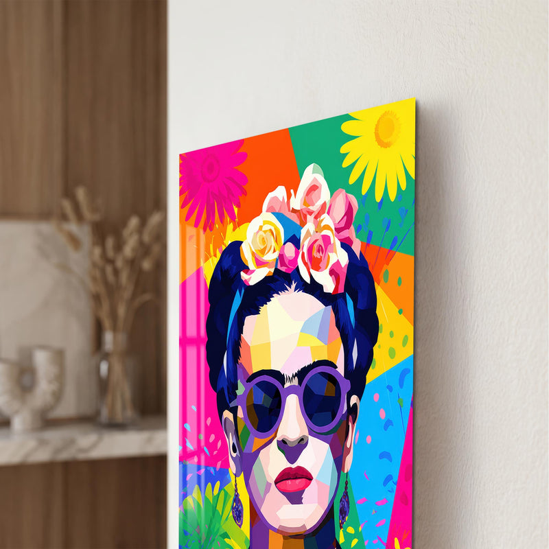 Renkli Gözlüklü Frida Kahlo Pop Art Cam Tablo – Cam Tablo