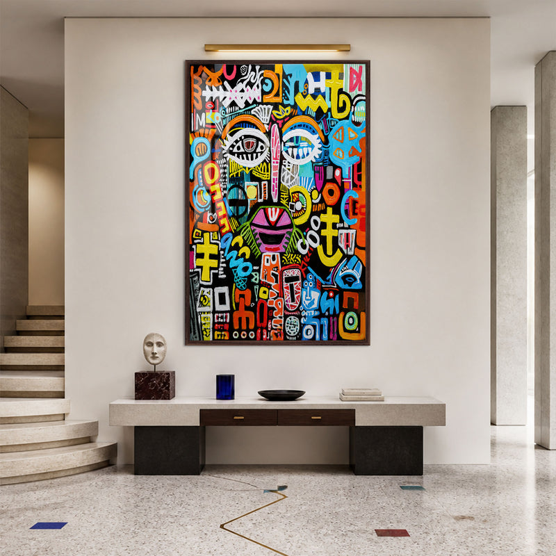 Renkli Grafiti Yüzler Cam Tablo – Ceviz Çerçeveli Cam Tablo
