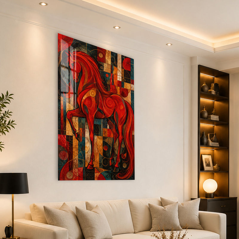 Geometrik Zeminde Kırmızı At Cam Tablo – Cam Tablo