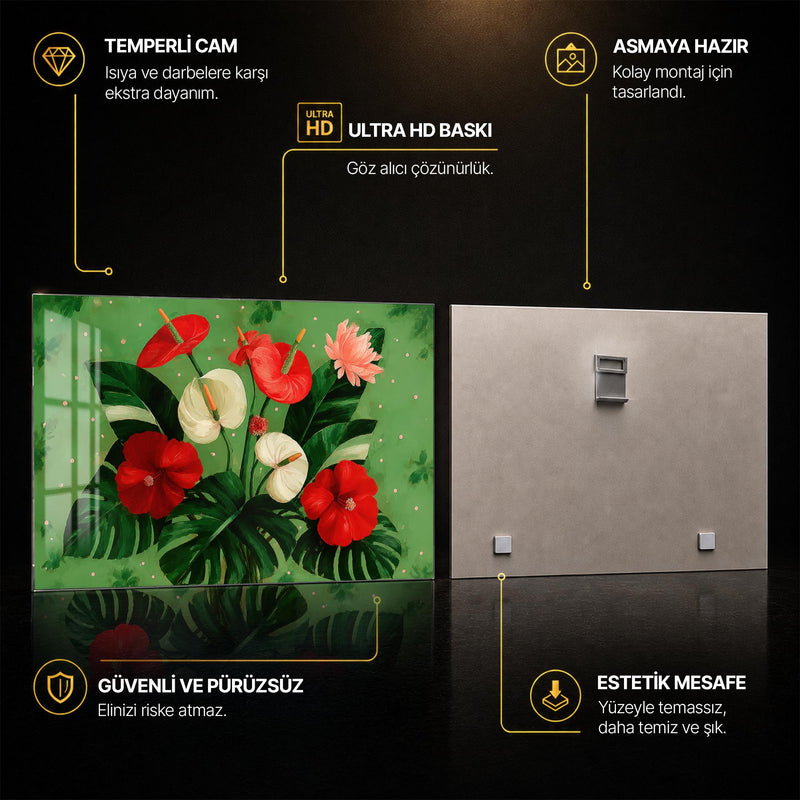 Tropikal Anturyum Monstera Cam Tablo – Cam Tablo
