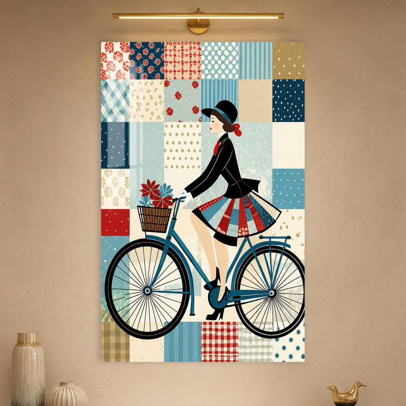 Patchwork Desenli Bisikletli Kadın Cam Tablo – Cam Tablo