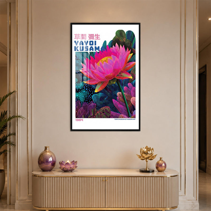 Pembe Benekli Rüya Çiçeği Cam Tablo – Siyah Çerçeveli Cam Tablo