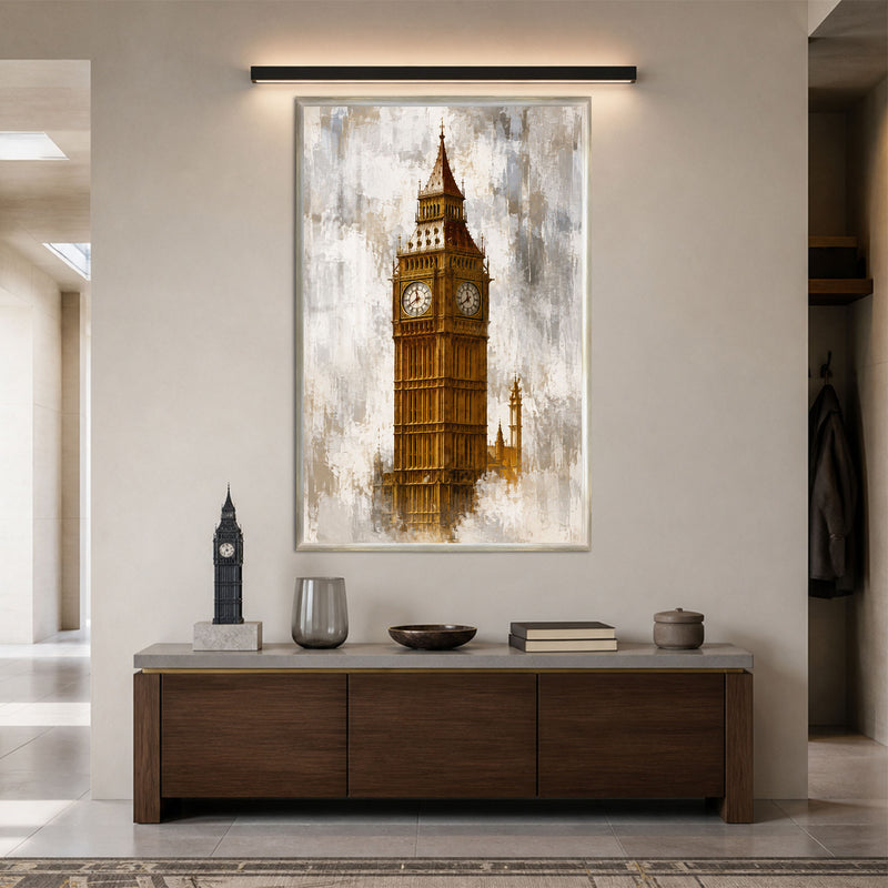 Altın Saatli Londra Kulesi Cam Tablo – Gümüş Çerçeveli Cam Tablo