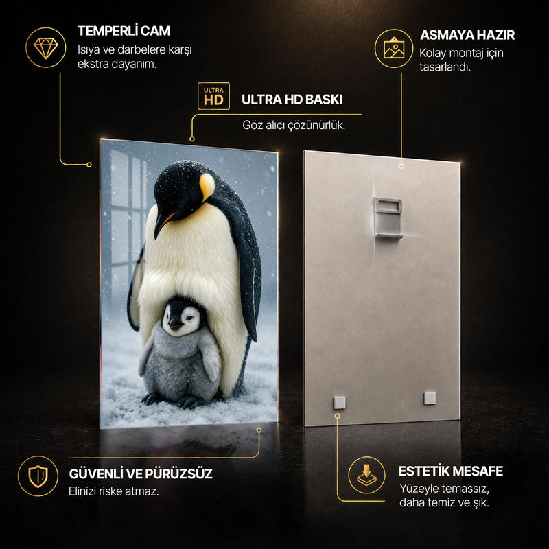 Yavrusunu Koruyan Penguen Cam Tablo – Cam Tablo