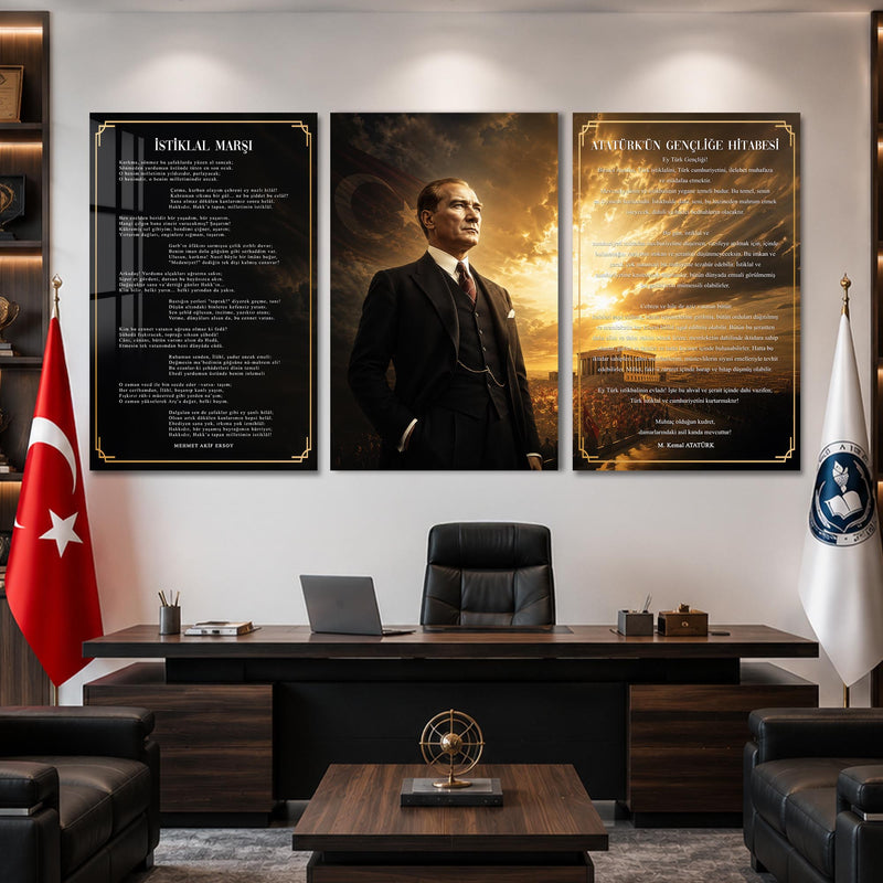 Atatürk Köşesi Üçlü Cam Tablo Seti — Zafer Alayı Altın