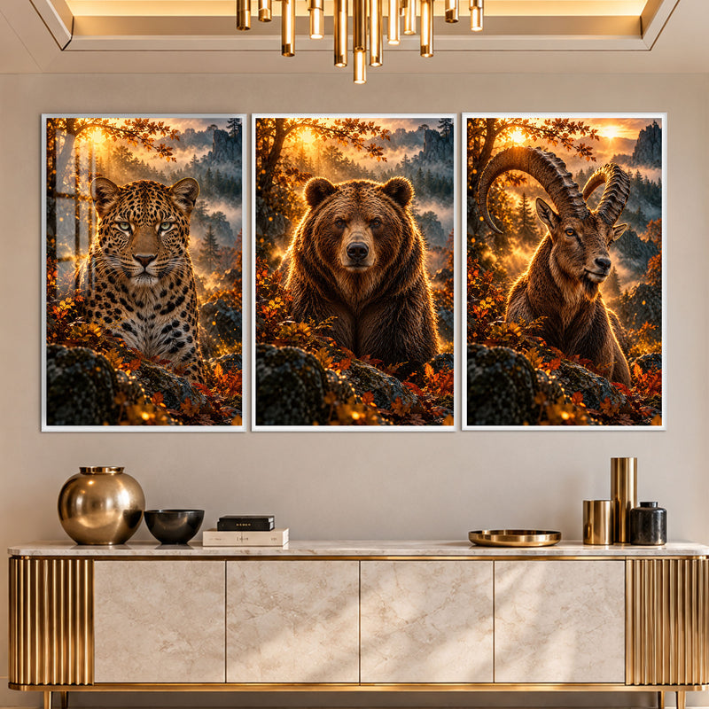 Leopar, Ayı ve Dağ Keçisi Üçlü Cam Tablo – Beyaz Çerçeveli