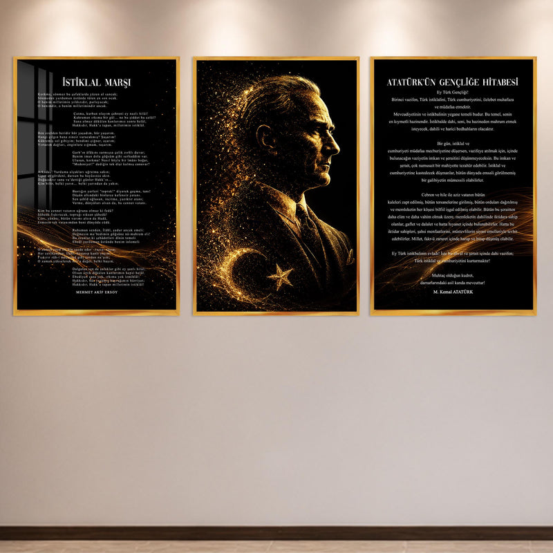 Atatürk Köşesi Üçlü Cam Tablo Seti — Altın Parçacıklı Silüet – Altın Çerçeveli