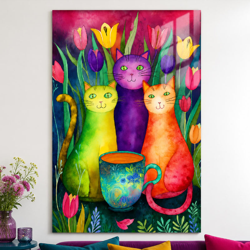 Laleli Üç Kedi Cam Tablo – Cam Tablo